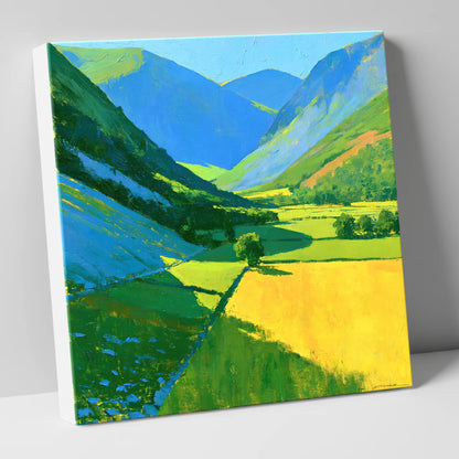 Vibrant Sunlit Valley with Blue Fellside Shadows lake district valley canvas wall art
