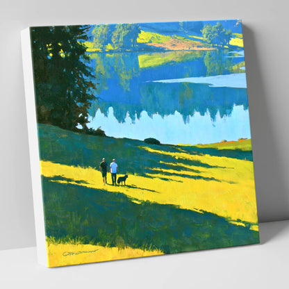 Sunlit Dog Walkers at Tarn Hows gifts for dog walkers canvas wall art