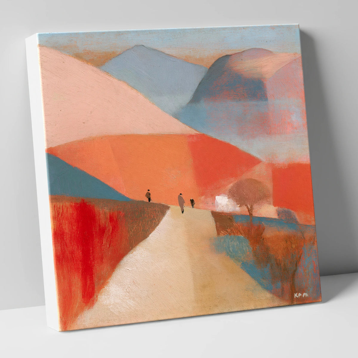 Walkers on a Coral Mountain Path lake district walking canvas wall art