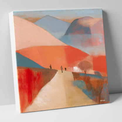 Walkers on a Coral Mountain Path lake district walking canvas wall art