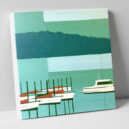 Moored Boats on a Teal Windermere lake district lake canvas wall art