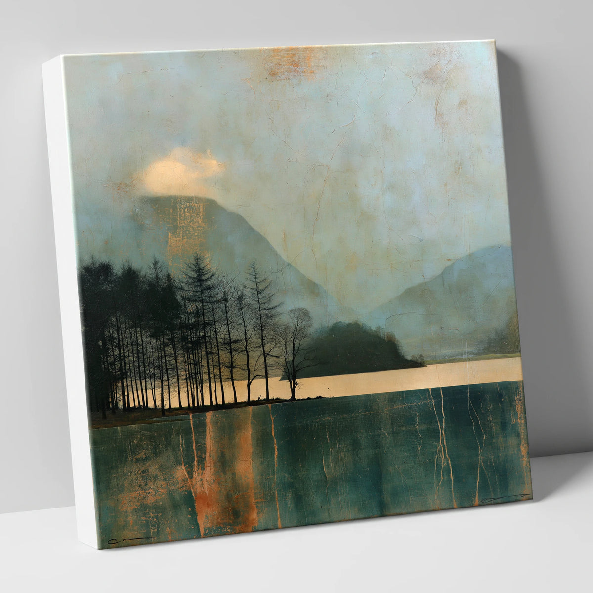 Grasmere Island in Teal and Gold lake district lake canvas wall art