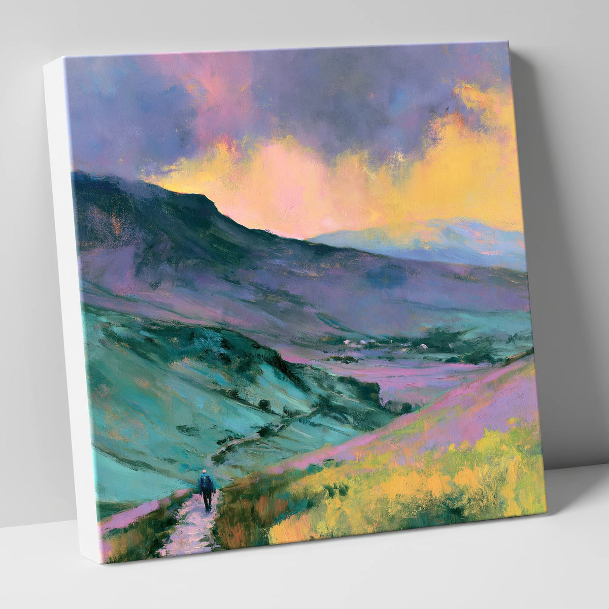 Fell Walker in Pastel Fells lake district walking canvas wall art