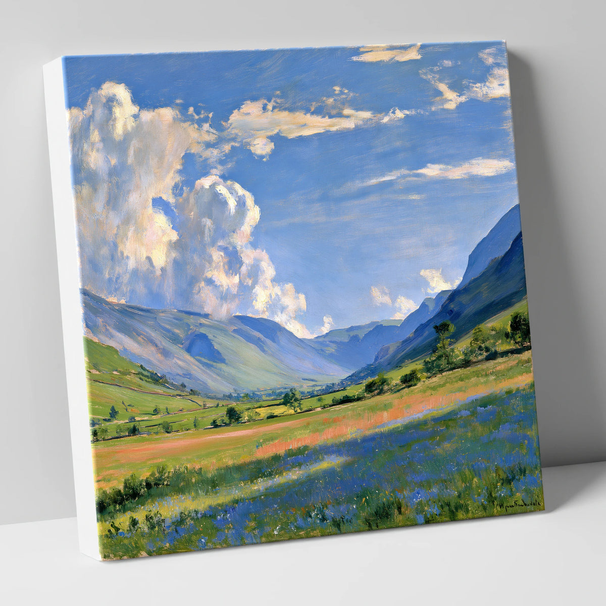 Sunlit Valley Under Billowing Clouds lake district valley canvas wall art