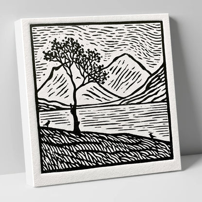 Monochrome Buttermere and Lone Tree lake district lake canvas wall art