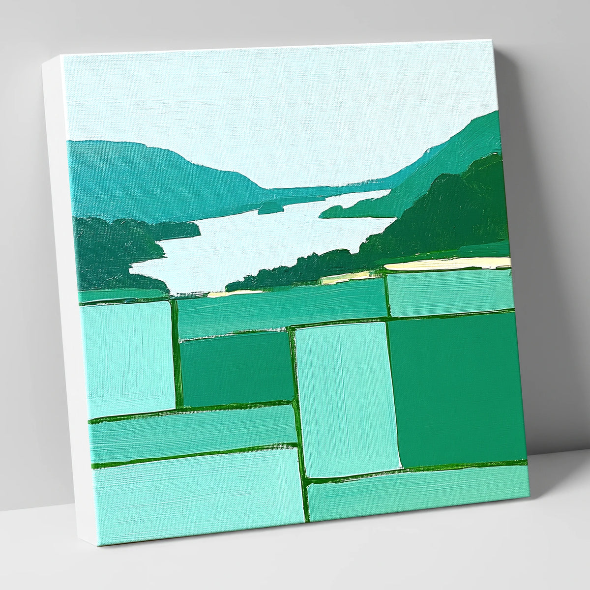 Geometric Greens Above Glenridding lake district village canvas wall art