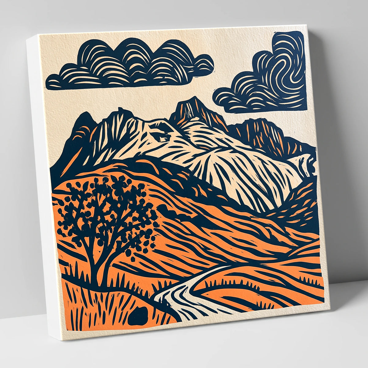 Langdale Pikes in Navy and Orange lake district fell canvas wall art