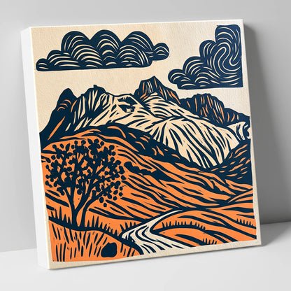 Langdale Pikes in Navy and Orange lake district fell canvas wall art