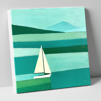 White Sailboat on a Teal Lake lake district walking canvas wall art