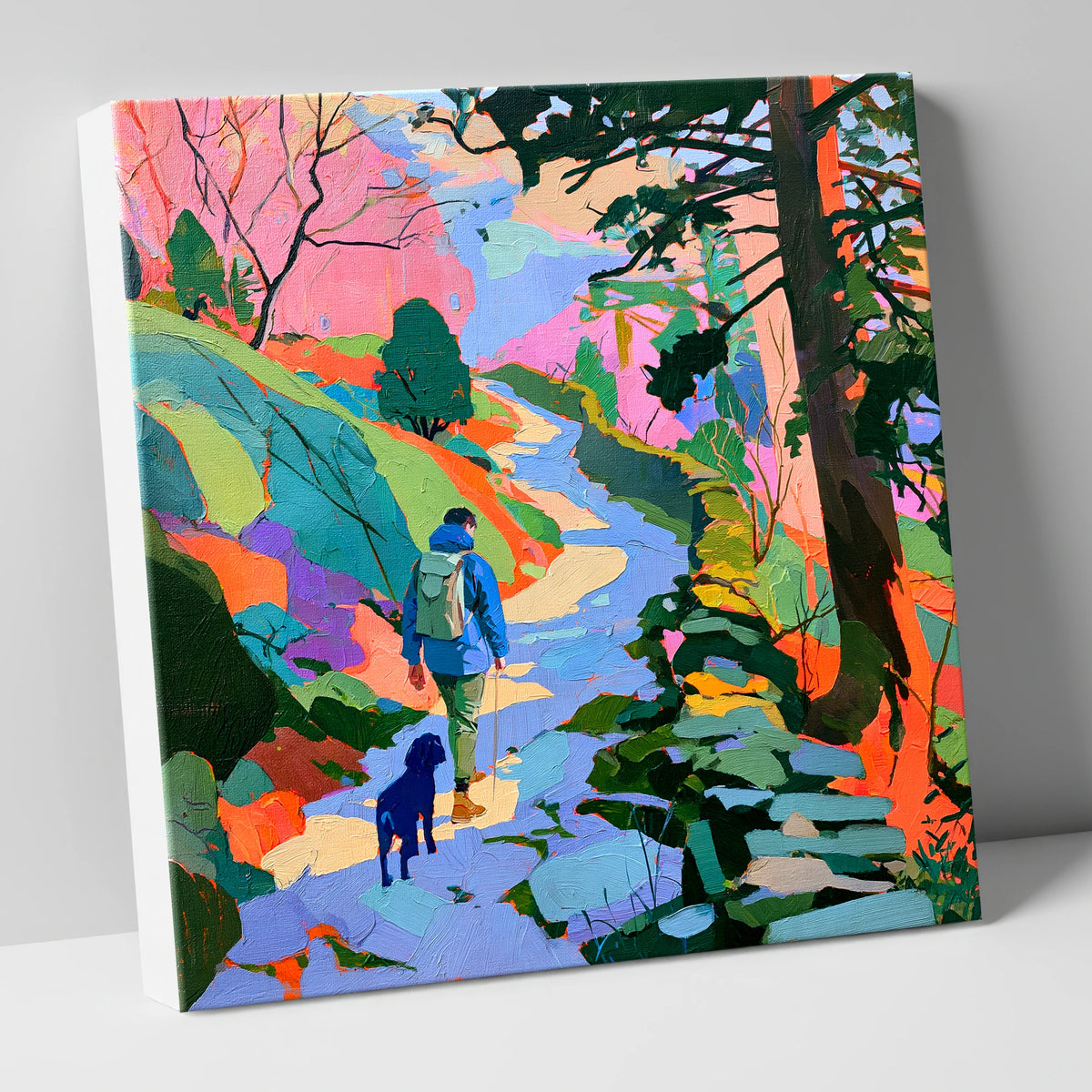 Colourful Hawkshead Dog Walk gifts for dog walkers canvas wall art