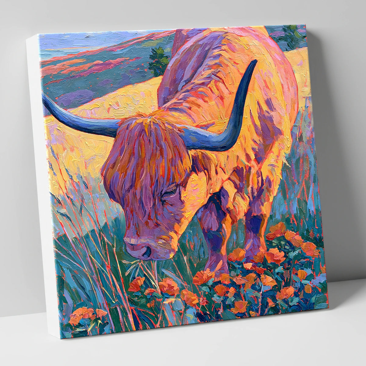 Vibrant Highland Cow Grazing the Fells lake district wildlife canvas wall art