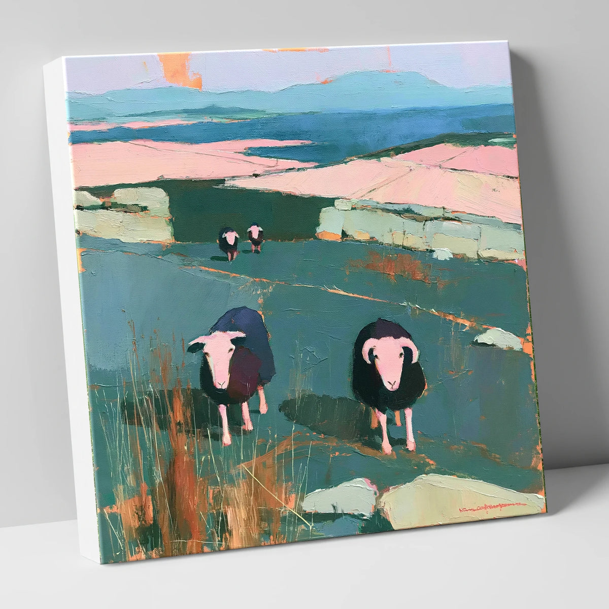 Herdwick Sheep on a Teal Fellside lake district wildlife canvas wall art
