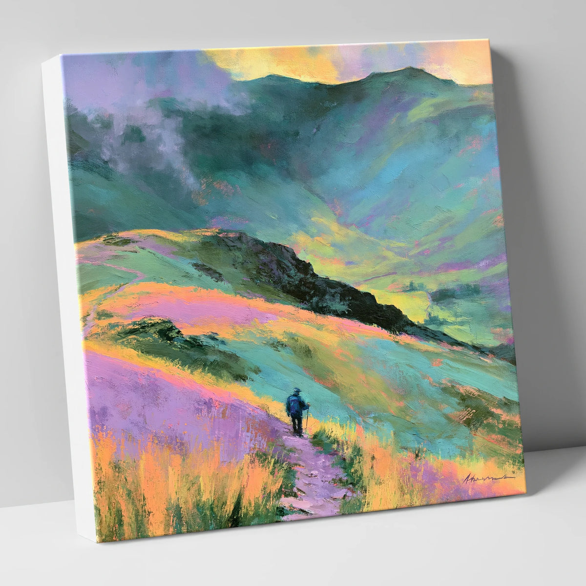 Lone Hiker on Pastel Fells lake district walking canvas wall art