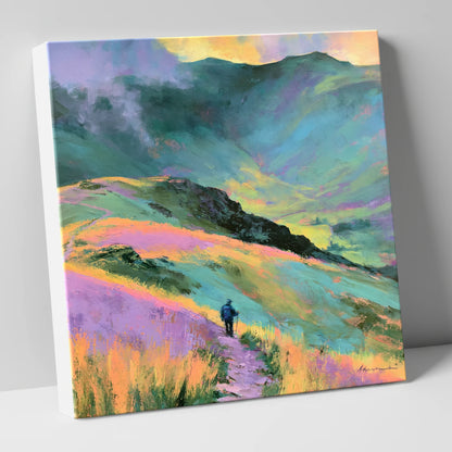 Lone Hiker on Pastel Fells lake district walking canvas wall art
