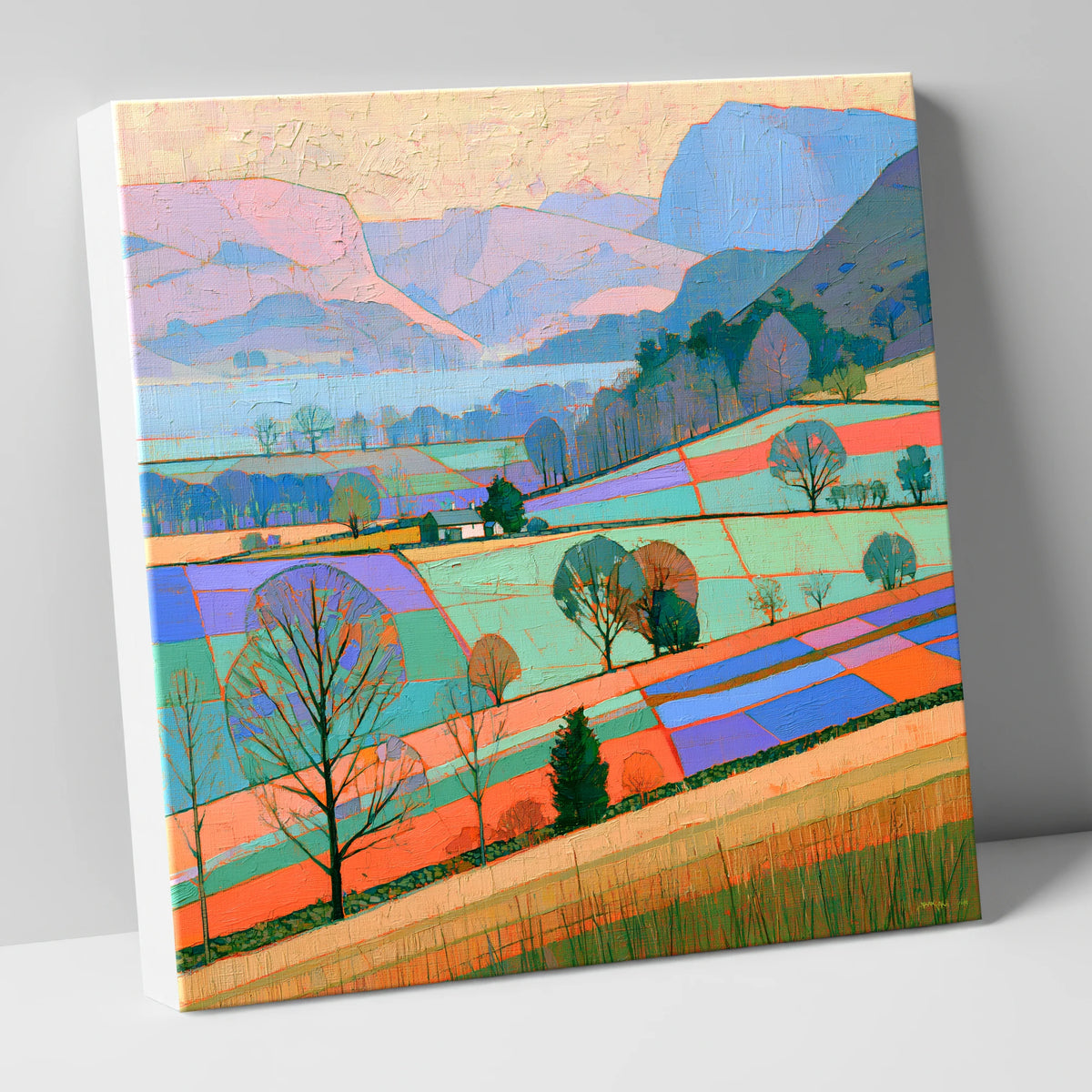 Bright Patchwork Valley Mist lake district sky canvas wall art