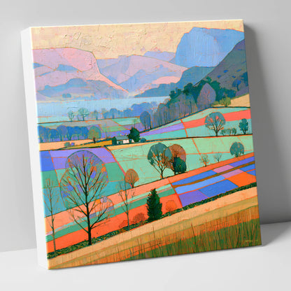 Bright Patchwork Valley Mist lake district sky canvas wall art