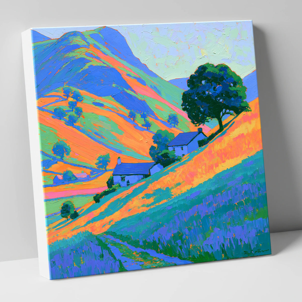 Fellside Cottages in Golden Evening Light lake district sky canvas wall art
