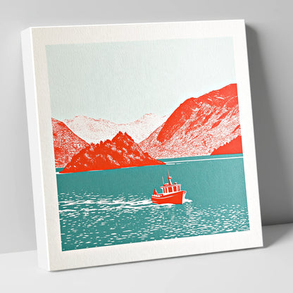 Red Boat on Teal Derwentwater lake district lake canvas wall art
