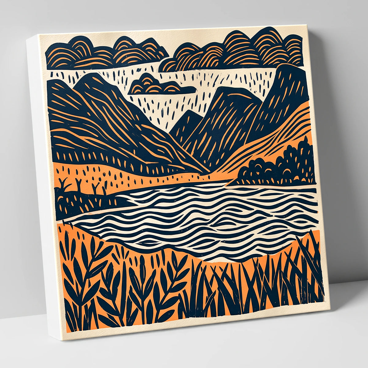 Dawn Lake In Navy And Terracotta lake district lake canvas wall art