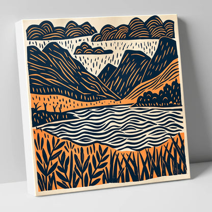 Dawn Lake In Navy And Terracotta lake district lake canvas wall art