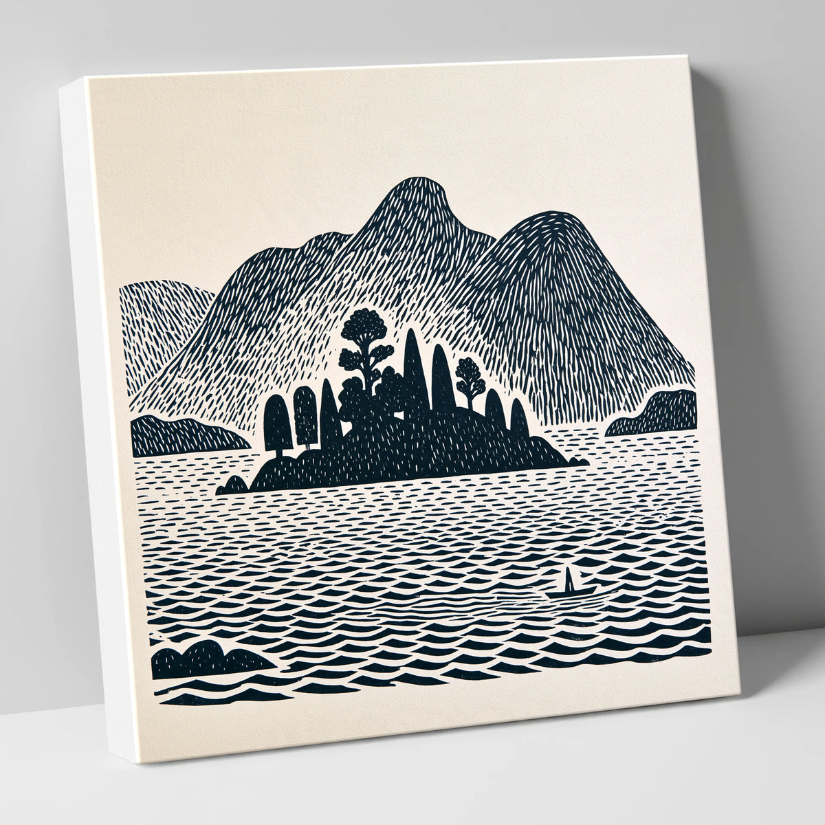 Derwentwater Island in Deep Navy lake district lake canvas wall art