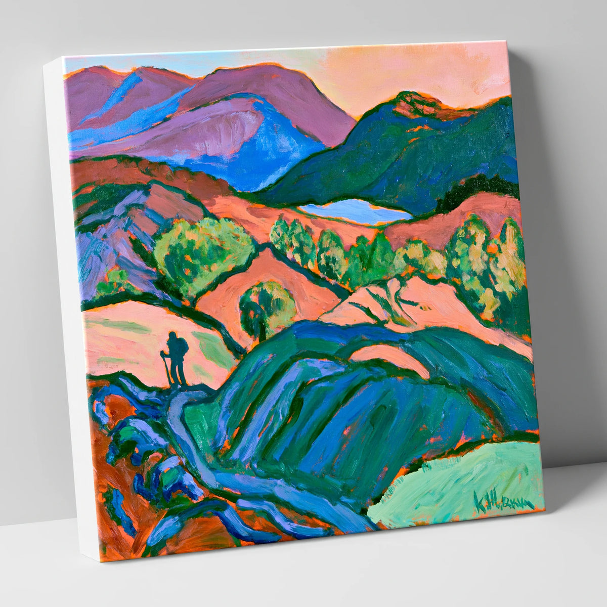 Hiker Silhouette in Vibrant Fells lake district walking canvas wall art