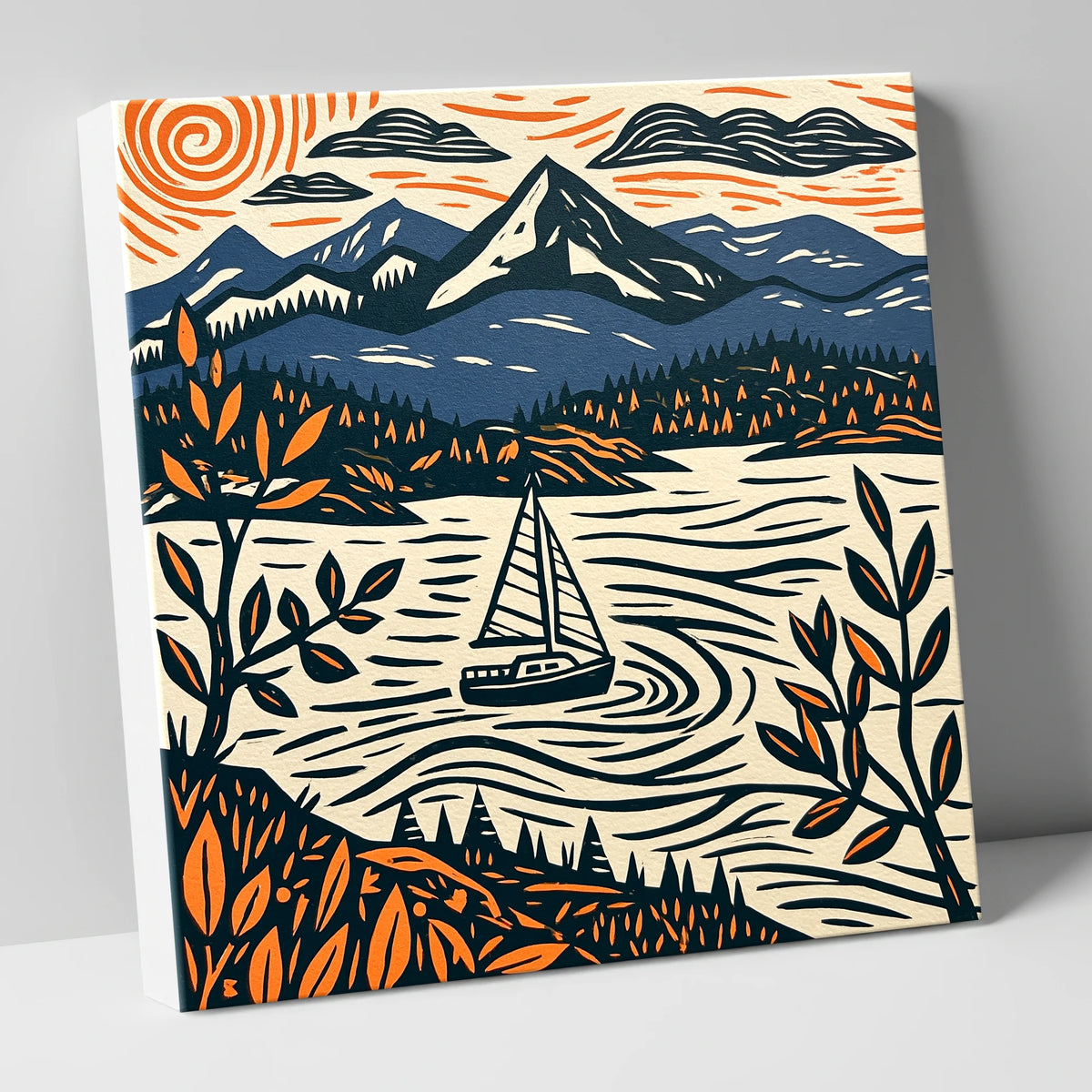 Navy and Orange Windermere Sailboat lake district lake canvas wall art