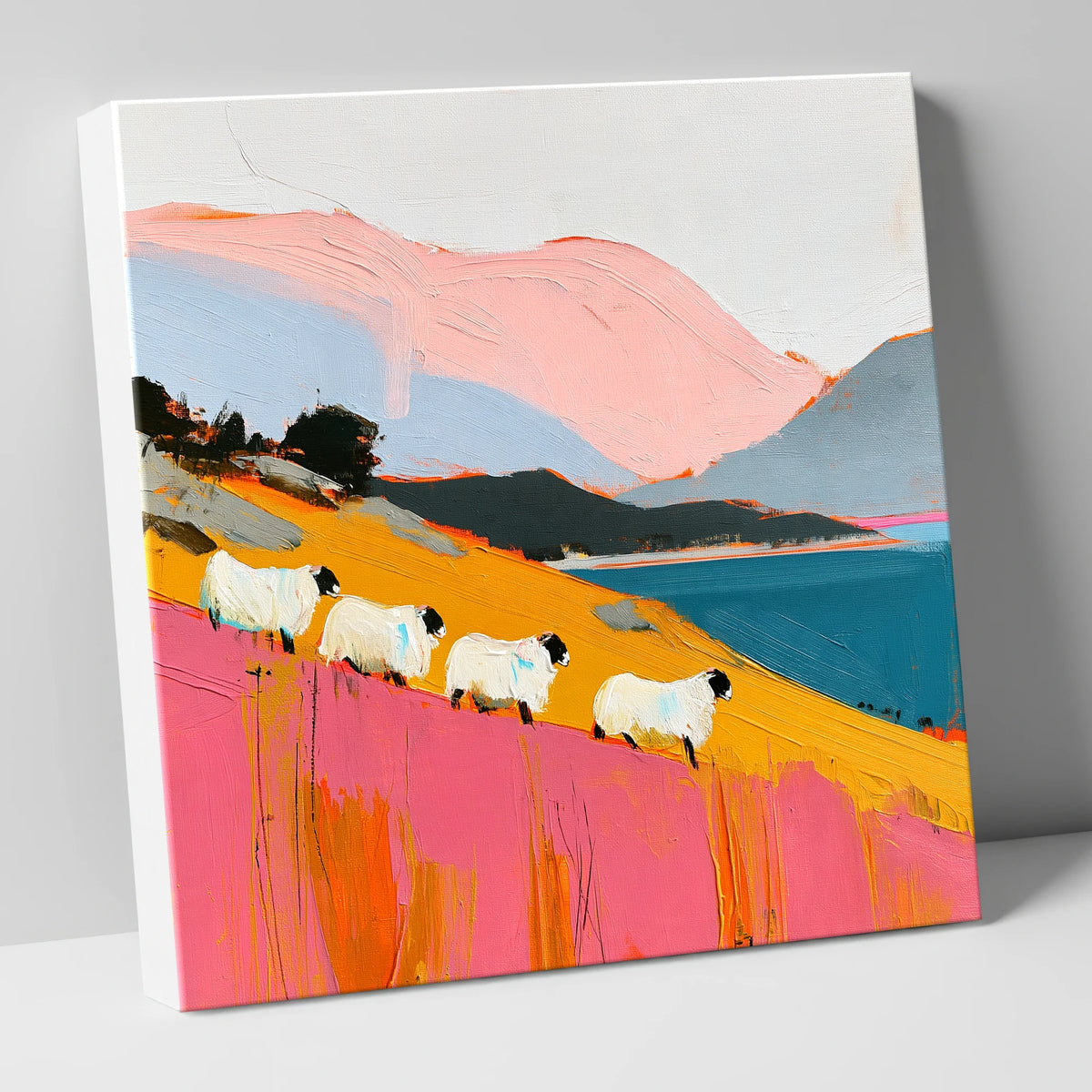 Vibrant Herdwicks Above Teal Lake lake district wildlife canvas wall art