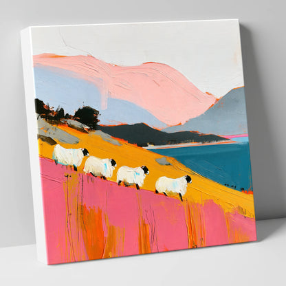 Vibrant Herdwicks Above Teal Lake lake district wildlife canvas wall art