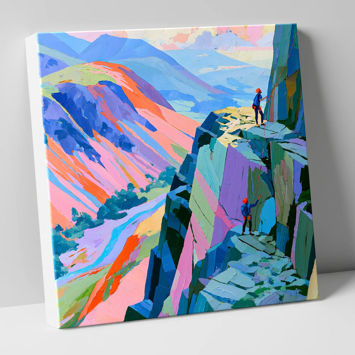 Rock Climbers on Vibrant Crag lake district walking canvas wall art