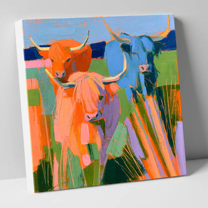 Vibrant Highland Cattle Trio lake district wildlife canvas wall art