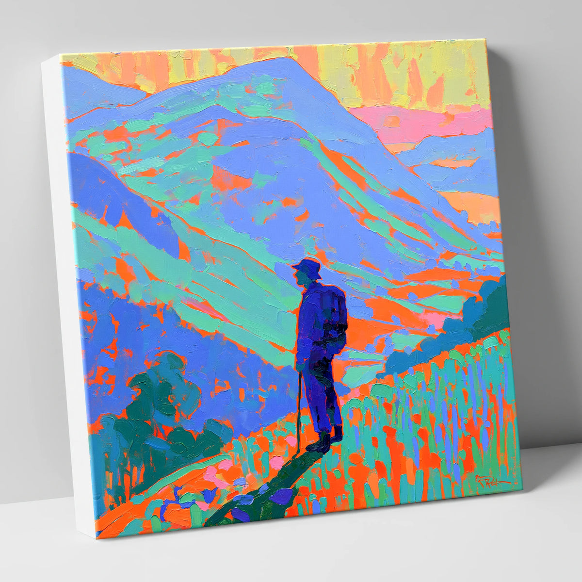 Vibrant Fell Walker Silhouette lake district walking canvas wall art