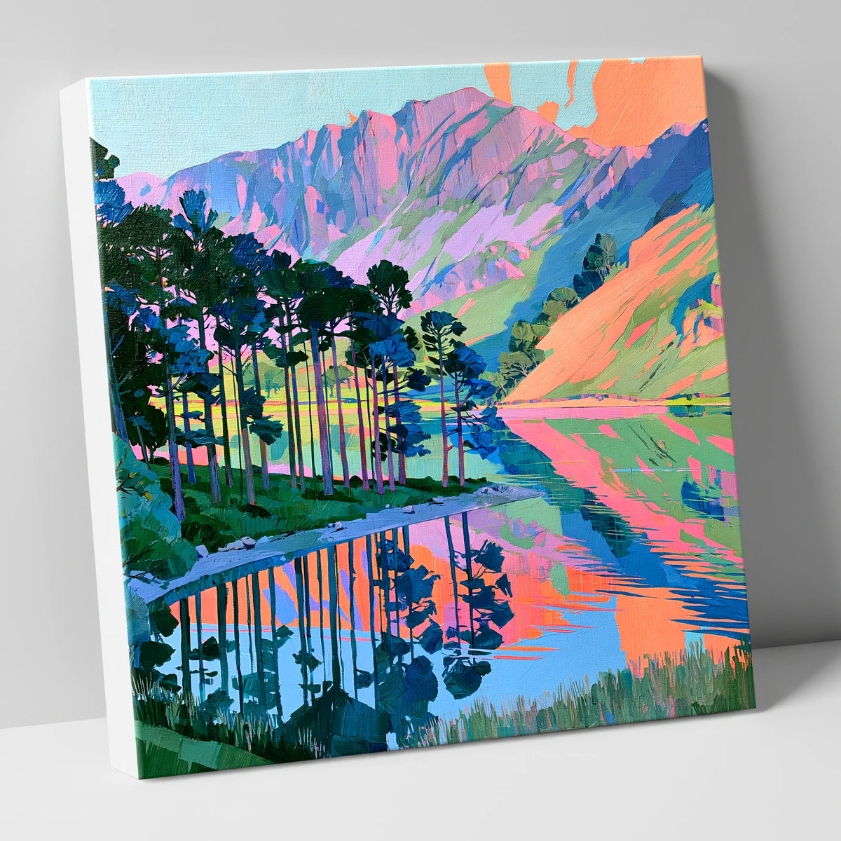 Vibrant Buttermere Scots Pines lake district lake canvas wall art