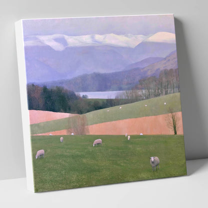 Hawkshead Pastures and Snowy Fells lake district village canvas wall art