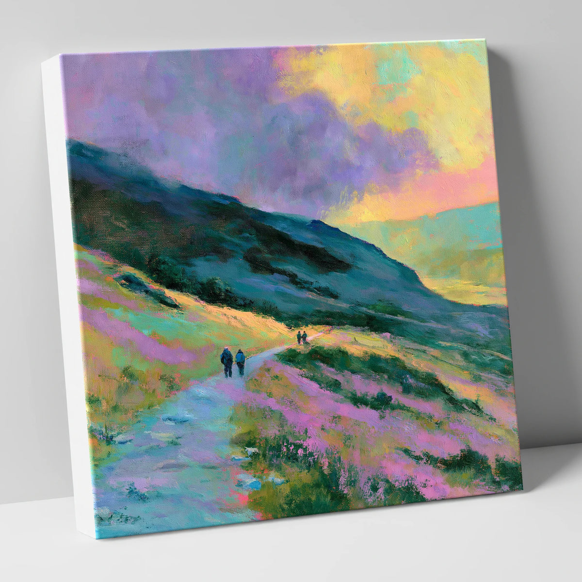 Walkers on Pastel Mountain Path lake district walking canvas wall art
