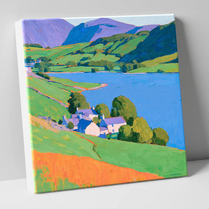 Vibrant Lakeside Village Scene lake district village canvas wall art