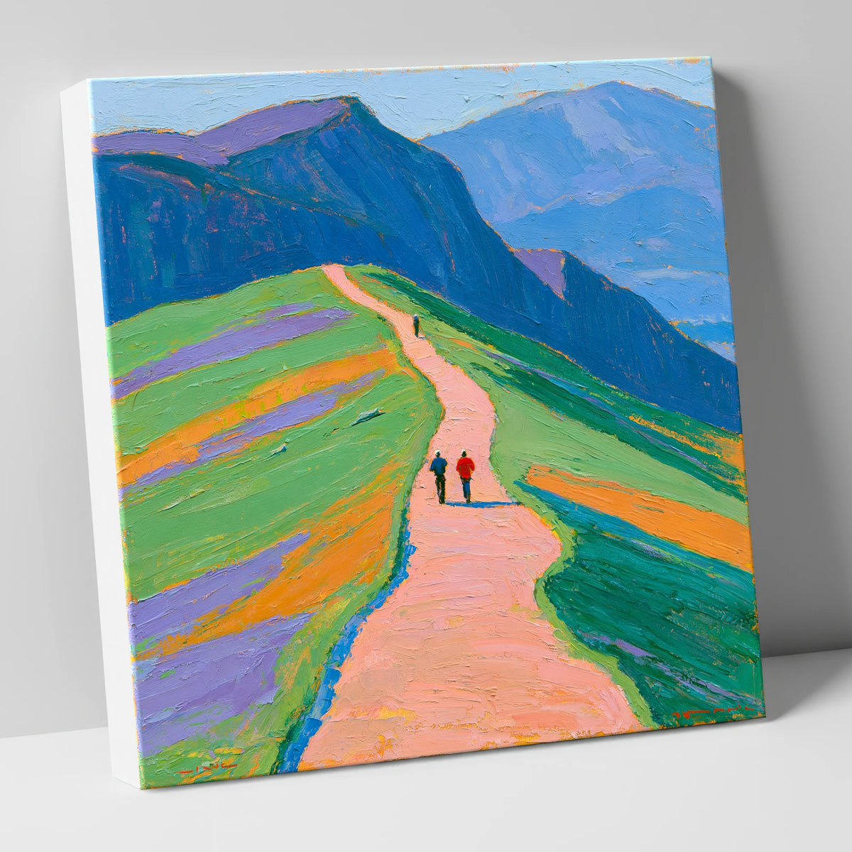 Walkers on a Vibrant Mountain Path lake district walking canvas wall art