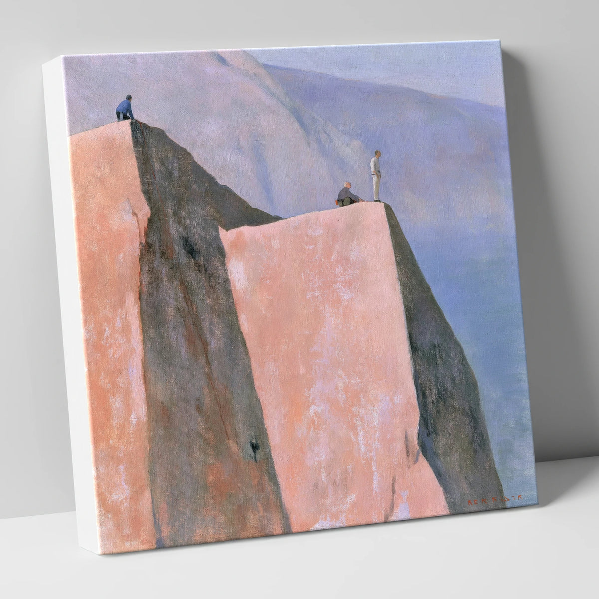 Climbers on a Pastel Crag lake district walking canvas wall art