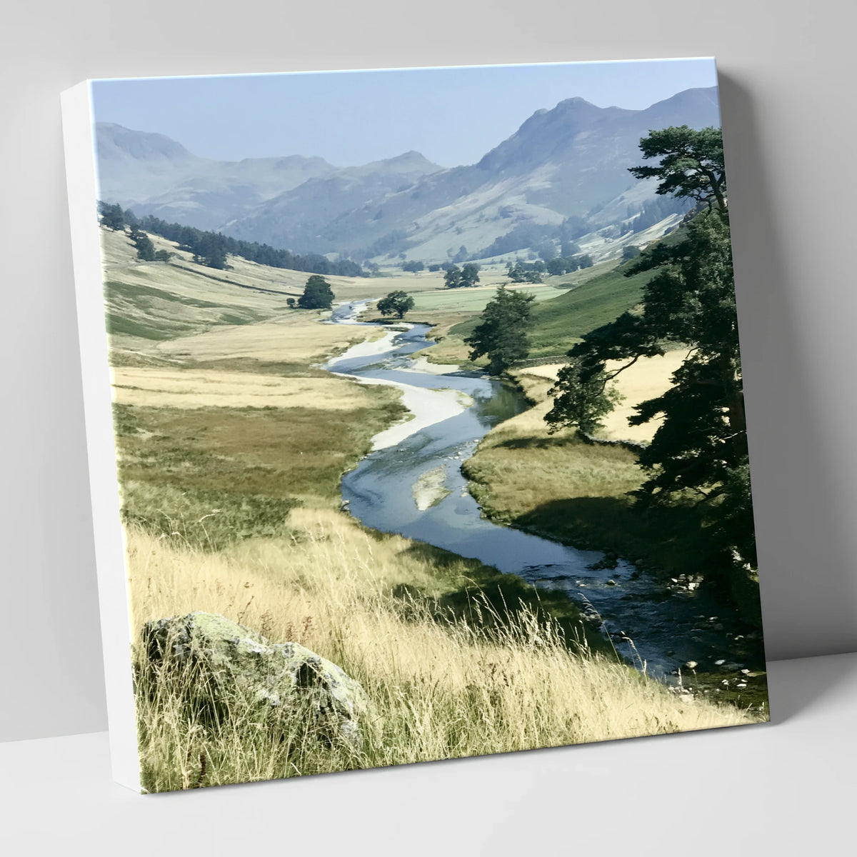 Winding River Beneath Hazy Fells lake district waterfall canvas wall art
