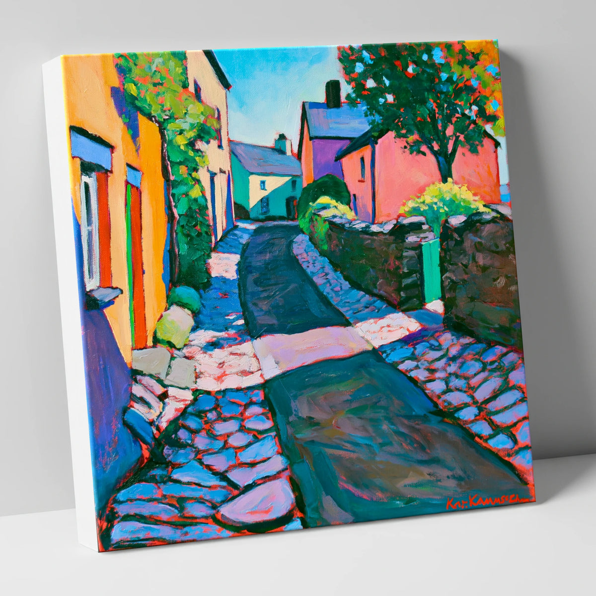 Vibrant Cobbled Village Street lake district village canvas wall art