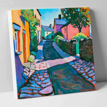 Vibrant Cobbled Village Street lake district village canvas wall art