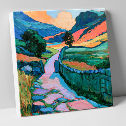 Vibrant Valley Path and Drystone Wall lake district valley canvas wall art