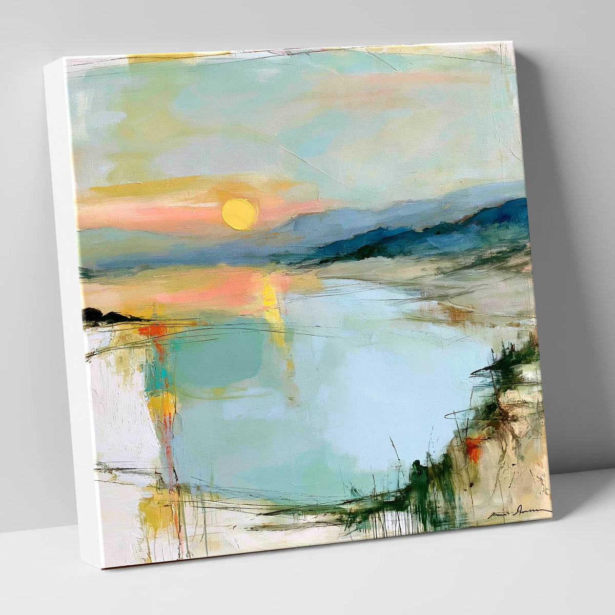 Lake Sunset in Peach and Mint lake district lake canvas wall art
