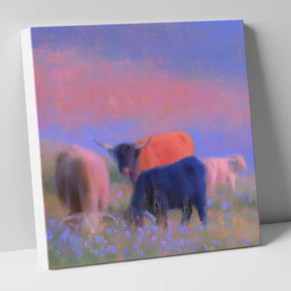 Highland Cattle in Pink Twilight lake district wildlife canvas wall art