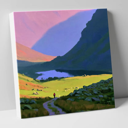 Lone Hiker in Vibrant Fells lake district walking canvas wall art