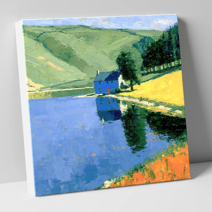 Blue Cottage on Calm Lake lake district lake canvas wall art
