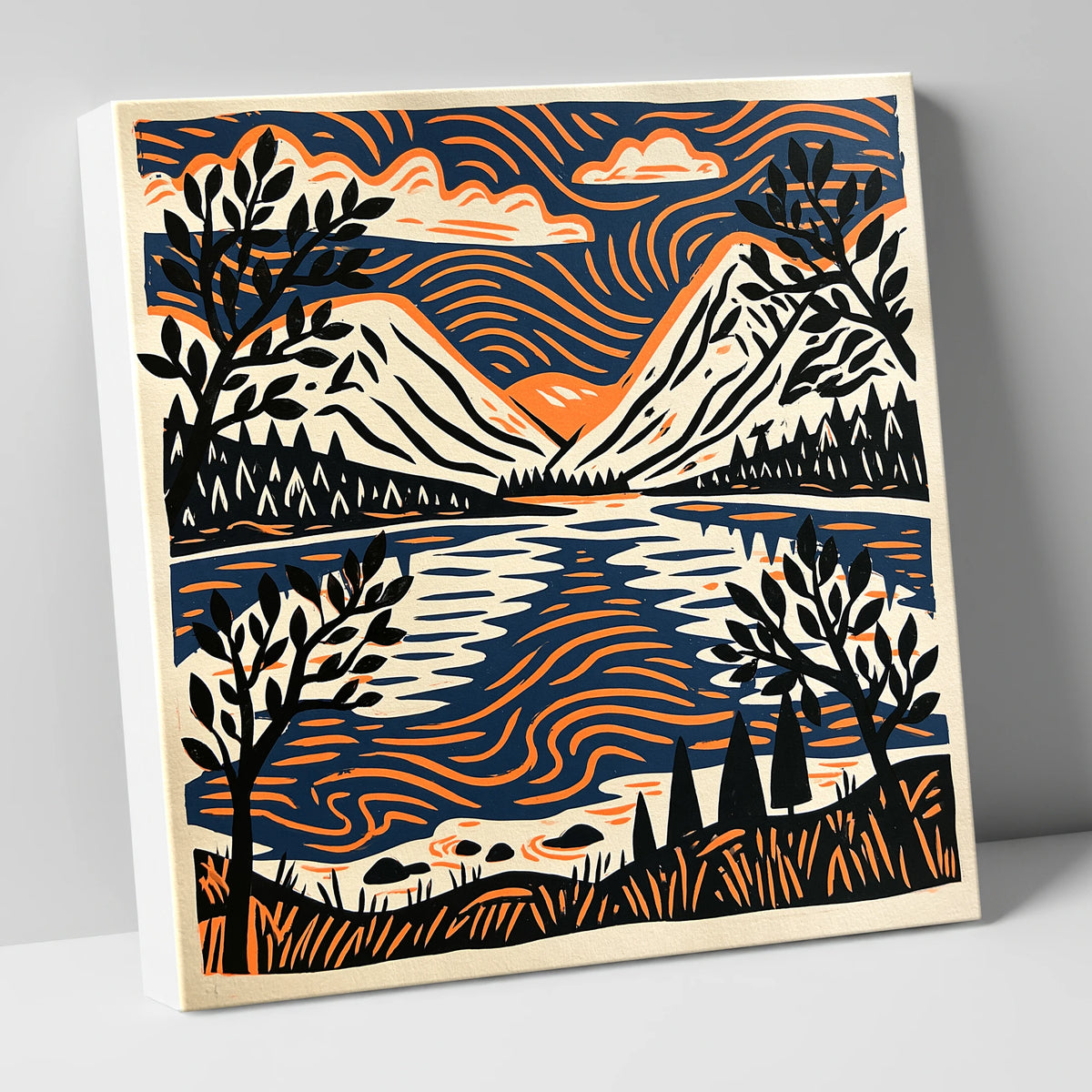 Lake Reflections in Navy and Orange lake district lake canvas wall art