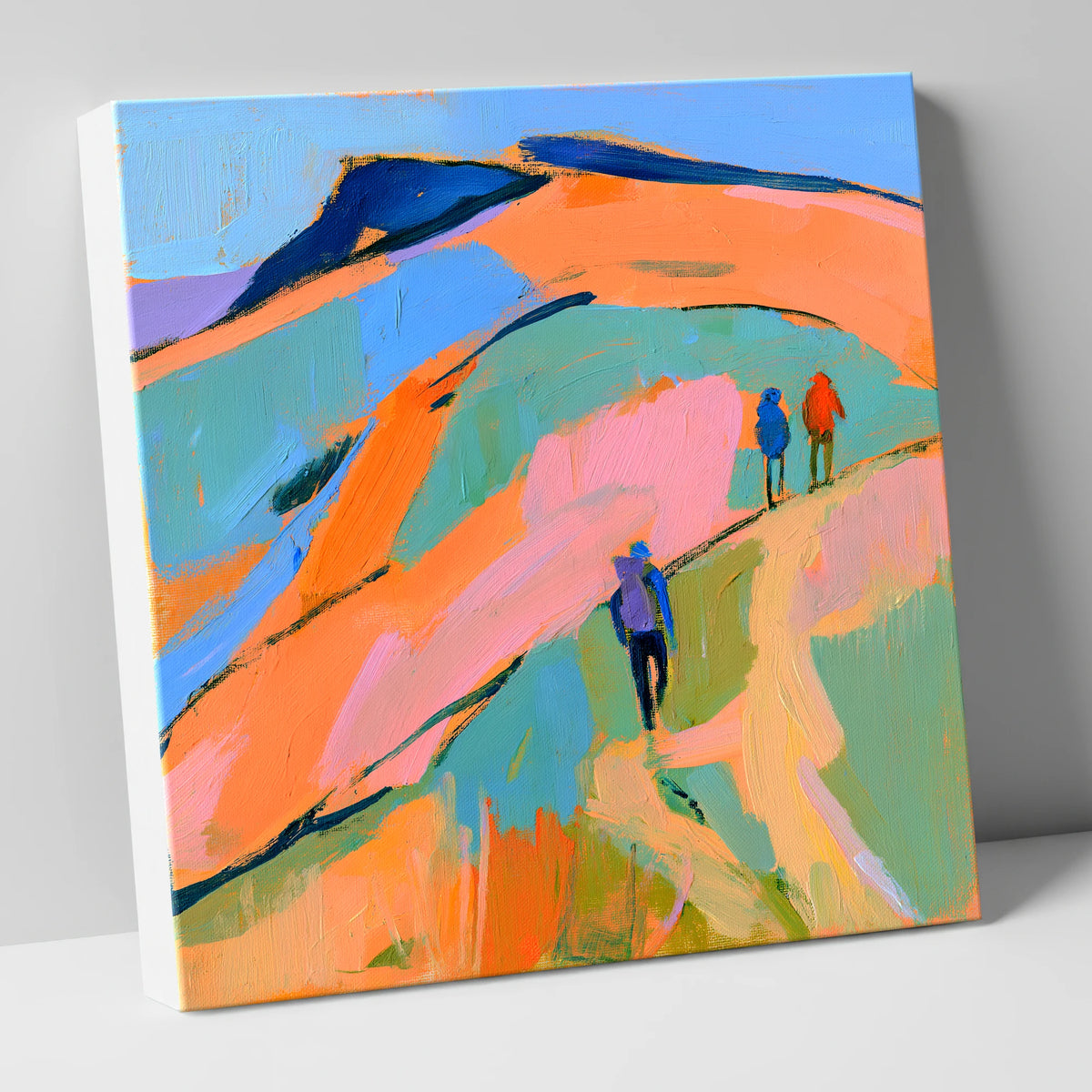 Orange and Blue Fell Hikers lake district fell canvas wall art