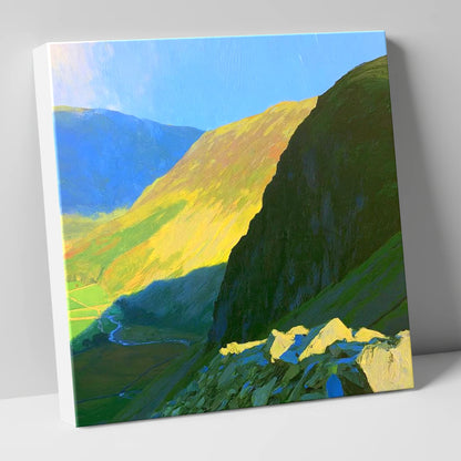 Sunlit Tarn Crag and Valley lake district fell canvas wall art