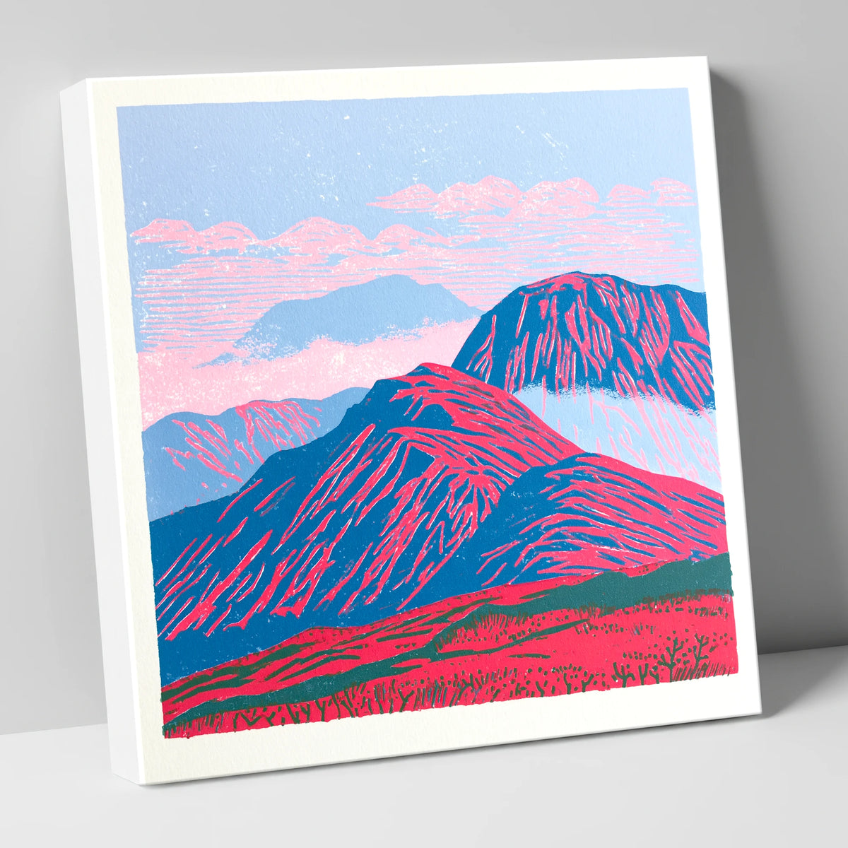 Vibrant Red Misty Mountain Ridge lake district fell canvas wall art
